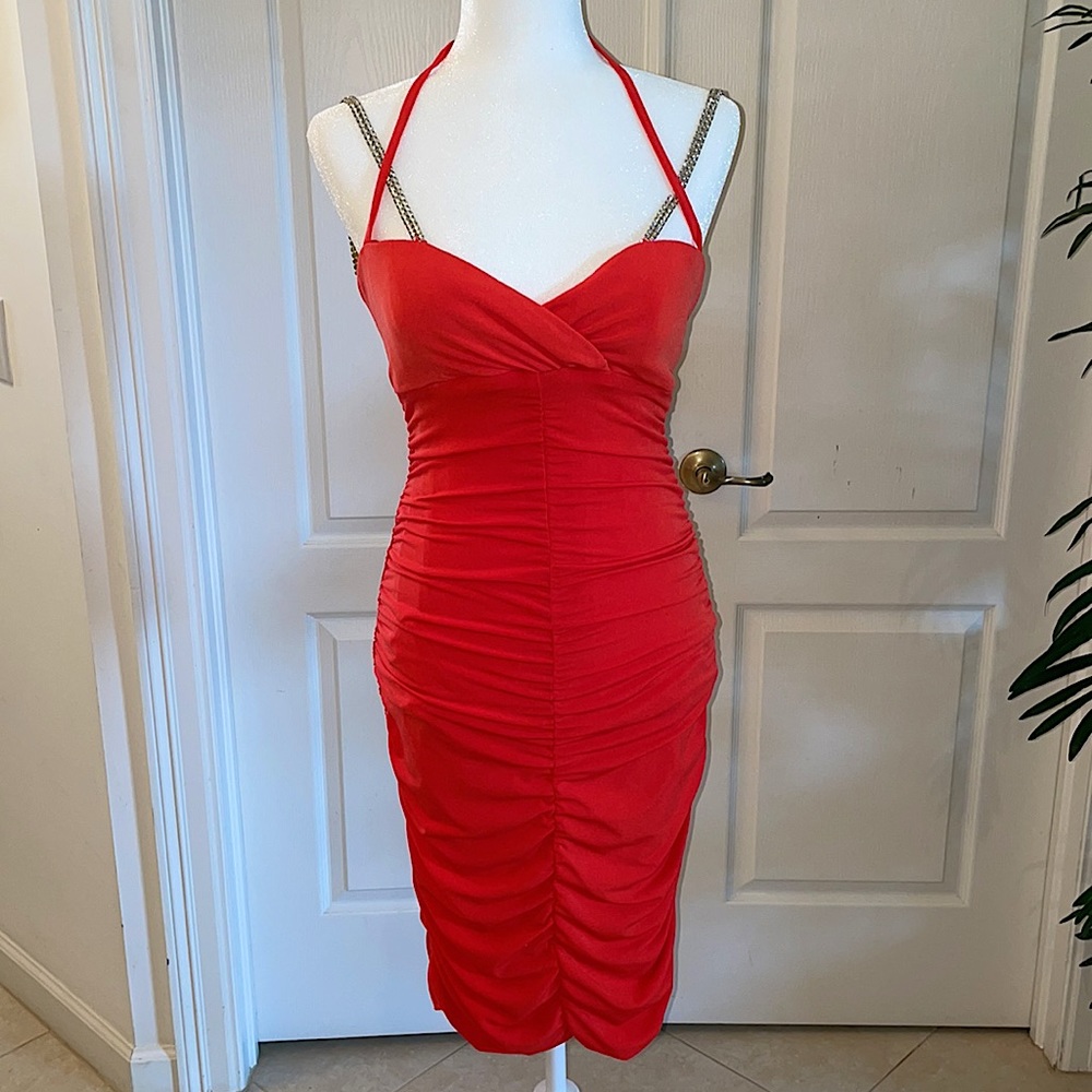 Mary L Couture, Red Matte Jersey stretchy Evening Dress with Rhinestone straps